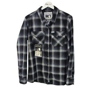 DIXXON Womens The Static Flannel Size Large Plaid Snap Button Pockets Collared